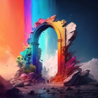 Colorful Archway in Surreal Fantasy Landscape: Vibrant Digital Artwork