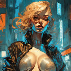 Futuristic digital artwork: Pale-skinned woman with red eyes, blond curls, metallic bodys
