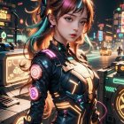 Futuristic female character in neon cyberpunk attire and goggles against city lights