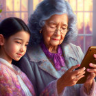 Elderly woman and young girl smiling at smartphone with warm light and flowers