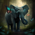 Vibrant blue and green elephant in mystical forest with butterflies