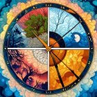 Circular Artwork Showcasing Four Seasons with Vibrant Nature and Traditional Figure