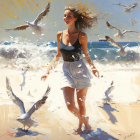 Woman in White Butterfly Print Dress Walking on Sunny Beach with Seagulls