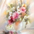 Colorful Still Life Painting with Flowers, Fruits, and Abstract Background