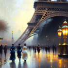 Historical scene: Rainy night near Eiffel Tower