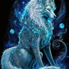 Majestic white and blue wolf with intricate patterns on black background