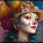 Colorful clown makeup and whimsical hat portrait of a girl