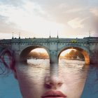 Surreal bridge and woman's face with water under celestial body