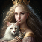 Regal woman with curly hair holding a white cat in golden crown, surrounded by butterflies and starry