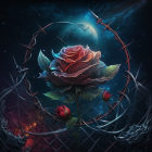 Vibrant red rose with metallic vines in cosmic scene