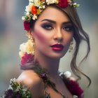 Colorful portrait of a woman with gold and floral details