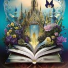 Colorful Woman's Face with Floral Motifs, Book, and Castle in Fantasy Setting