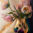 Purple, Pink, and White Tulips in Decorative Vase on Reflective Surface