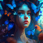 Fantastical portrait of woman with blue skin and butterflies