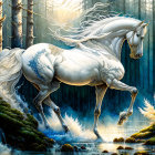 White unicorn with long mane gallops in mystical forest