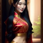 Illustrated woman in traditional Asian attire by softly lit window