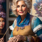 Elderly woman with white hair and blue scarf among artistic supplies.