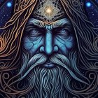 Detailed portrait of mystical figure with starry night theme, golden headpiece, blue eyes, flowing beard