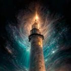 Majestic lighthouse in dramatic sky with swirling clouds and warm light