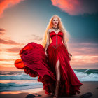 Blonde woman in red dress walking on beach at sunset