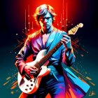 Colorful illustration: man with guitar in leather jacket under neon cosmic backdrop.