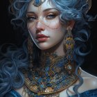 Blue-haired animated character with elaborate golden jewelry and crown in intricate design.