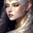 Fantasy digital art: White-haired female with gold leaf accessories and intricate gold makeup.