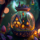 Miniature fantasy village in glass globe with glowing lanterns in enchanted forest