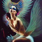 Surreal illustration: Woman with iridescent angelic wings and ornate headpiece