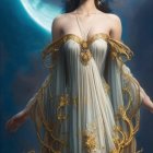 Ethereal woman in flowing dress with diadem, surrounded by cascading water droplets