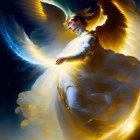 Golden-winged angel with blindfold in celestial light