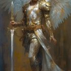 Ethereal figure with white wings and sword in gold and white armor amid golden leaves