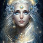 Fantasy portrait of woman with long blonde hair, blue eyes, golden halo, leaf and star decorations