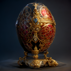 Luxurious jeweled egg with gold filigree, pearls, and gemstones on gold stand