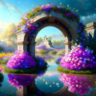 Stone archway with colorful flowers reflected in tranquil pond under soft sky