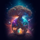 Colorful cosmic artwork: Twisted tree with golden leaves in starry space circle.