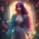 Violet-haired woman with floral crown in mystical setting