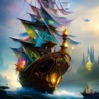 Fantastical ship with luminous sails on water with fantasy cityscape