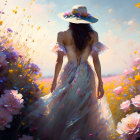 Woman in elegant dress strolling through vibrant flower field under warm sunlight