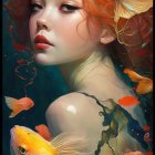 Vibrant underwater scene with woman and goldfish