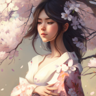 Illustration of woman in pink flower garden exudes calm harmony