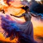 Woman in vibrant flame-like gown exudes elegance and movement