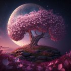 Vibrant cherry blossom tree under large moon and crescent on floral hill - starry sky scene