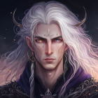 Fantasy character with pale skin, long white hair, horns, red eyes, and silver crown.