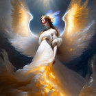 Ethereal figure with wings in golden gown against celestial backdrop