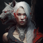 White-haired person with red makeup and traditional Asian patterns, with a matching wolf.