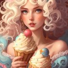 Colorful portrait of woman with blond curls and sweets, holding ice cream cones