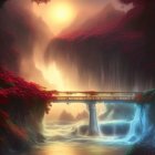 Ethereal landscape: glowing sunset, waterfalls, stone bridge, red cliffs, misty river