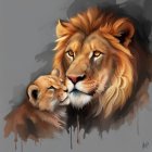 Affectionate lion and lioness digital illustration on muted background