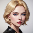 Digital portrait: Woman with blue eyes, blonde hair, red lipstick, leather jacket